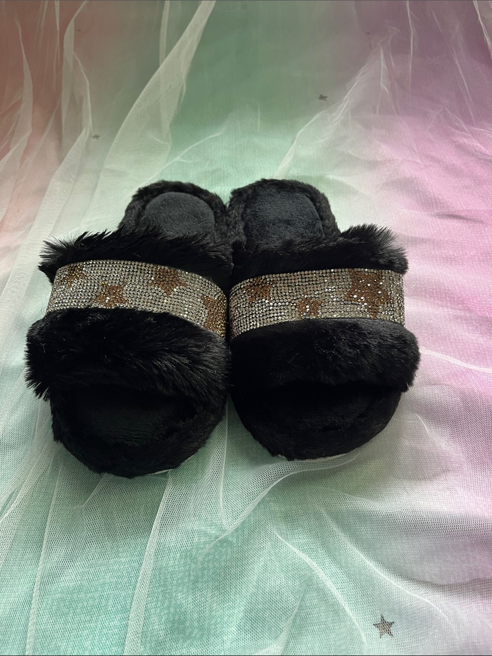 Women's Fluff Slippers Open Toe with Golden Chain Strap